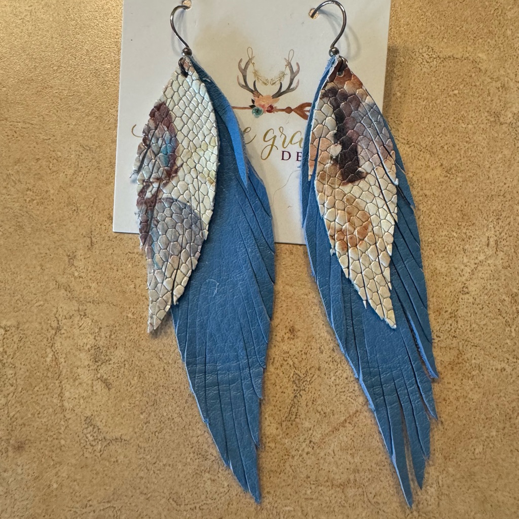 Long Two Tiered Feathered Leather Earrings
